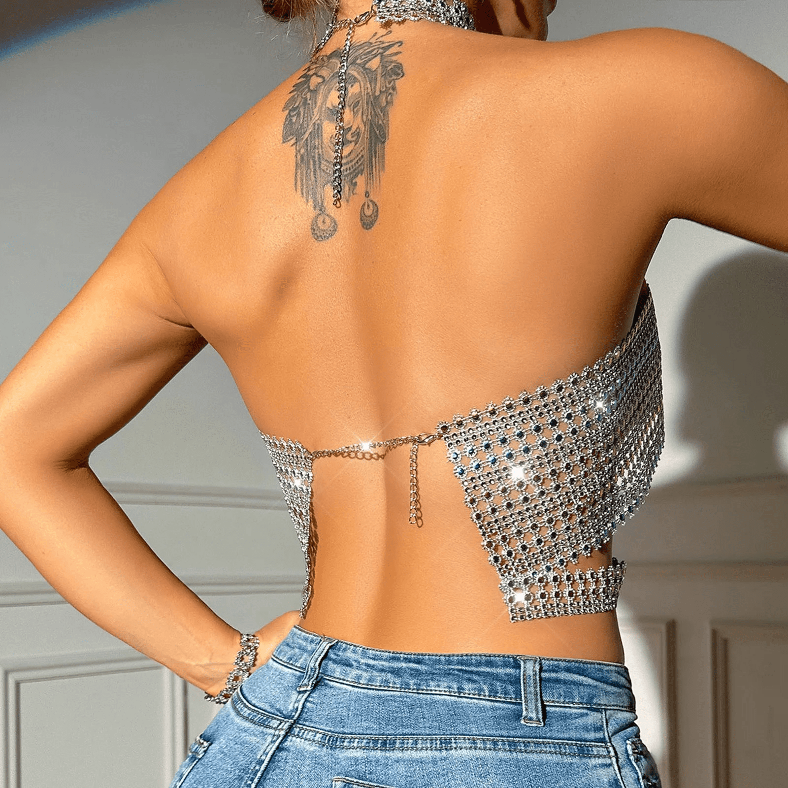 Erotic Sparkling Rhinestone Halter Crop Top Glamour Wear