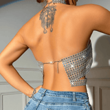 Erotic Sparkling Rhinestone Halter Crop Top Glamour Wear