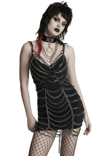 Adjustable Punk Body Harness Dress with Metal Chain Detail