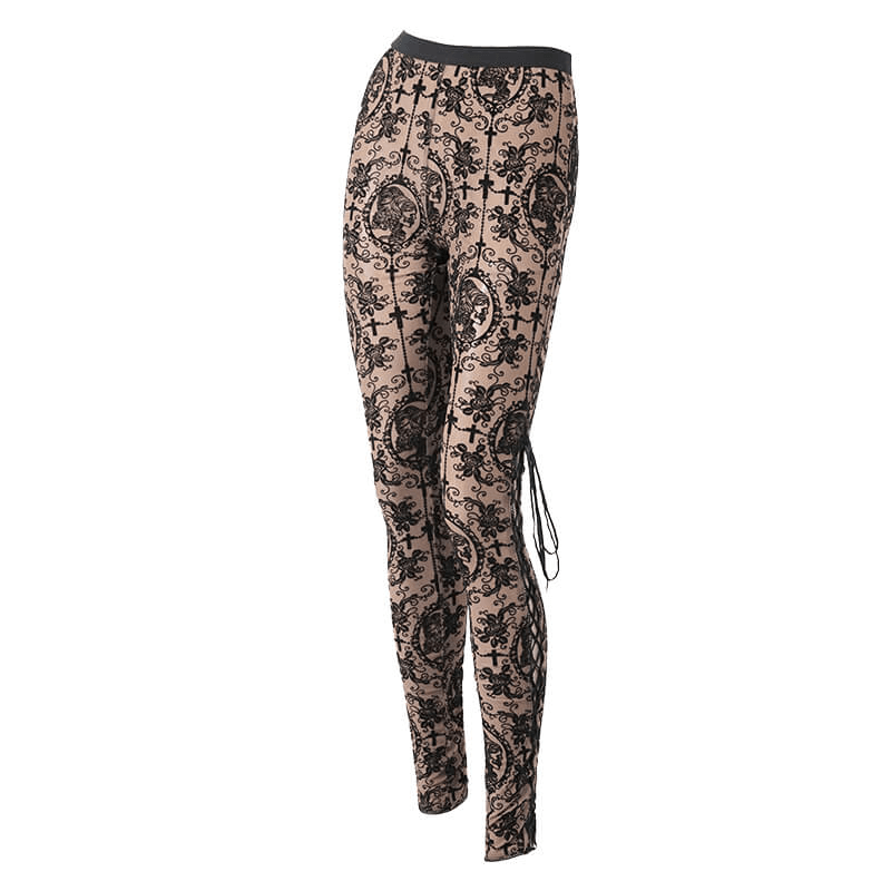 Apricot Mesh Leggings: Lace-Up / Gothic High-Waist Style