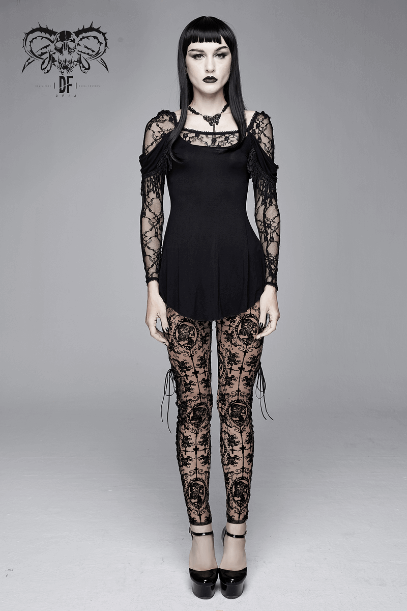 Apricot Mesh Leggings: Lace-Up / Gothic High-Waist Style