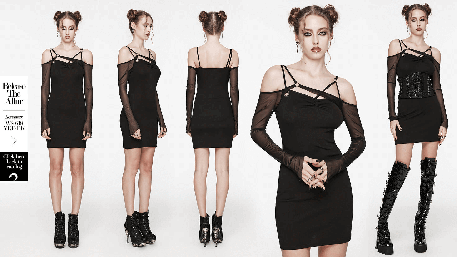 Asymmetric Gothic Black Dress with Mesh Sleeves
