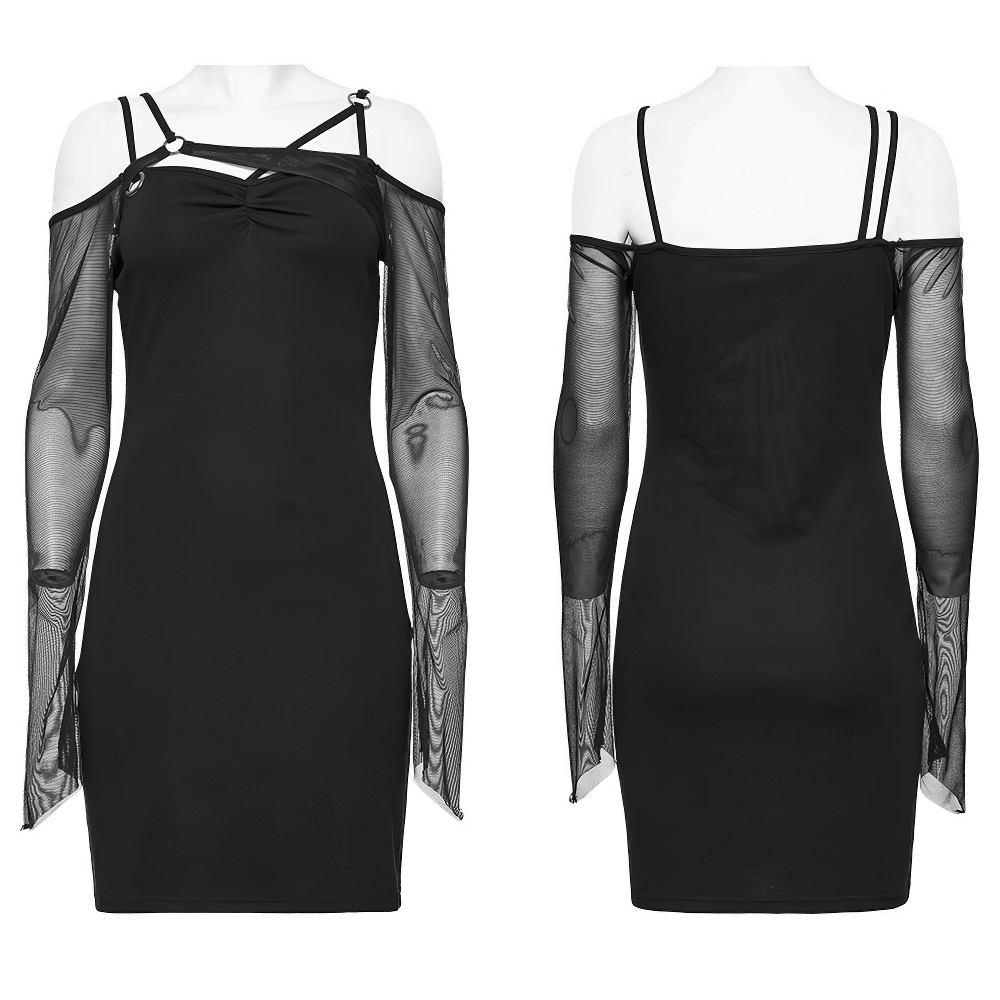 Asymmetric Gothic Black Dress with Mesh Sleeves