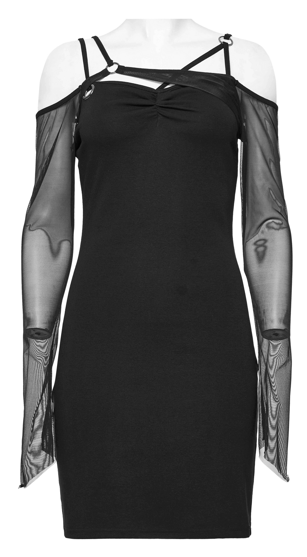 Asymmetric Gothic Black Dress with Mesh Sleeves