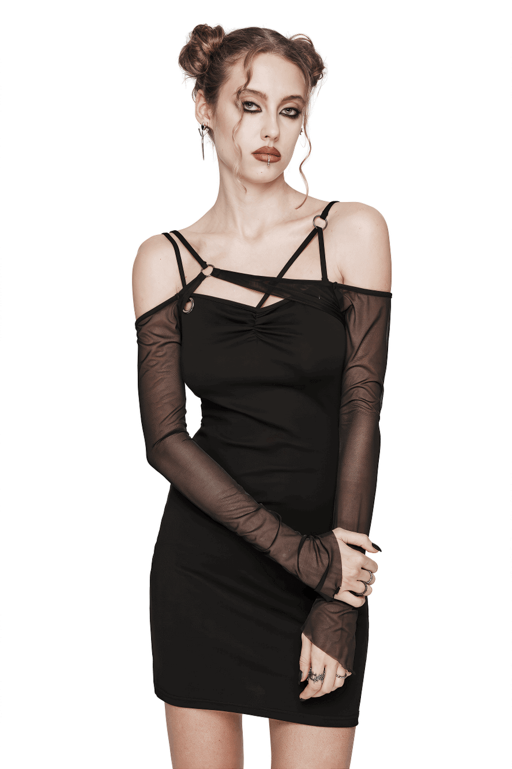 Asymmetric Gothic Black Dress with Mesh Sleeves