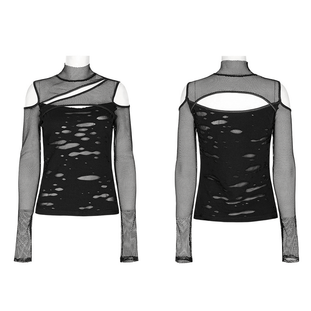 Asymmetrical Punk Mesh Layered Top with Hollowed Shoulders