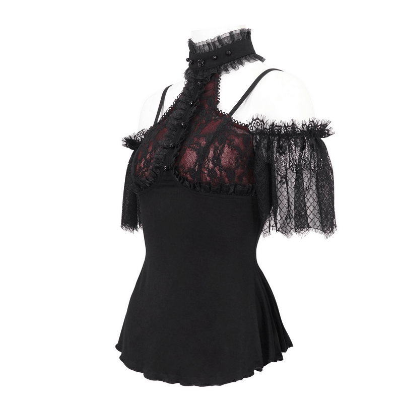 Black and Red Off-the-Shoulder Top with Short Lace Sleeves
