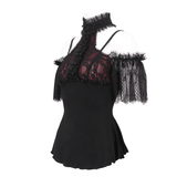 Black and Red Off-the-Shoulder Top with Short Lace Sleeves