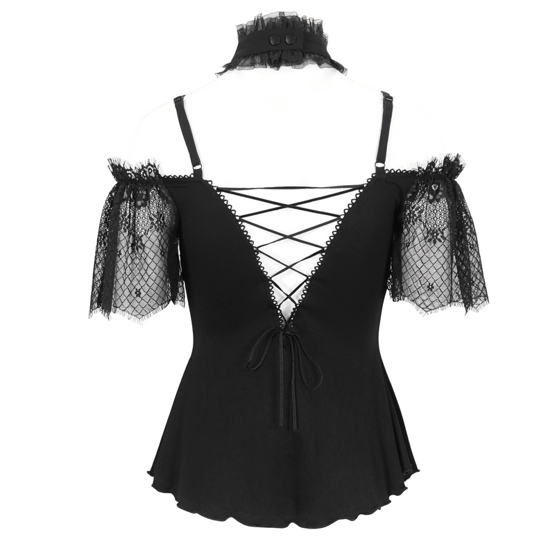 Black and Red Off-the-Shoulder Top with Short Lace Sleeves