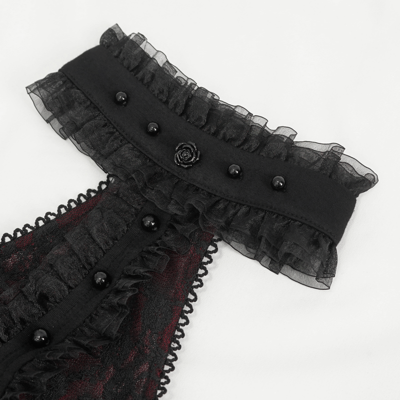 Black and Red Off-the-Shoulder Top with Short Lace Sleeves