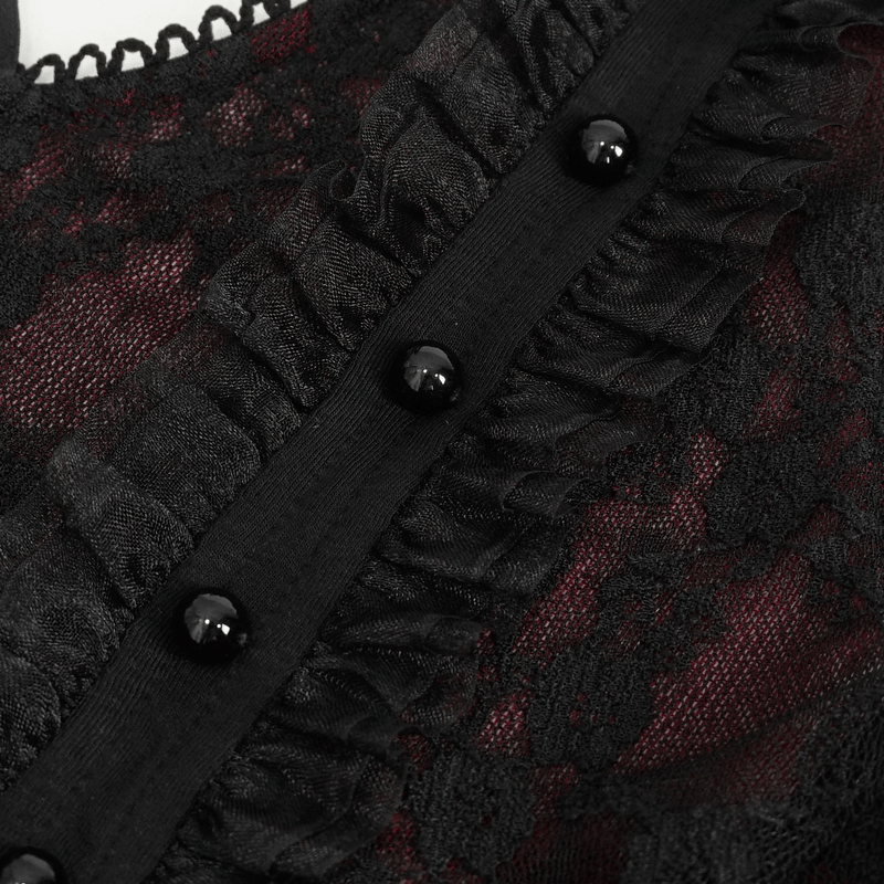 Black and Red Off-the-Shoulder Top with Short Lace Sleeves