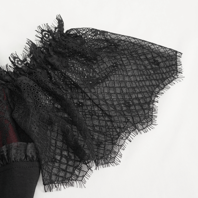 Black and Red Off-the-Shoulder Top with Short Lace Sleeves
