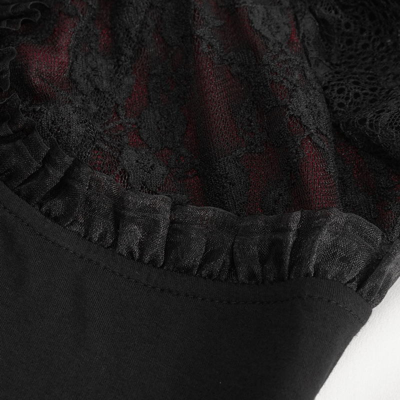 Black and Red Off-the-Shoulder Top with Short Lace Sleeves