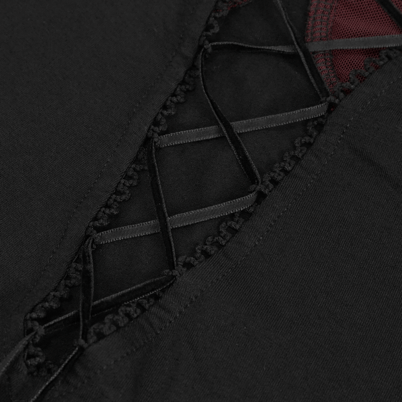 Black and Red Off-the-Shoulder Top with Short Lace Sleeves