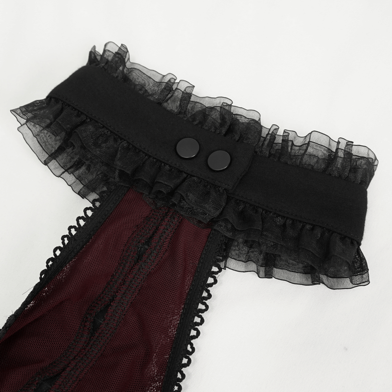 Black and Red Off-the-Shoulder Top with Short Lace Sleeves