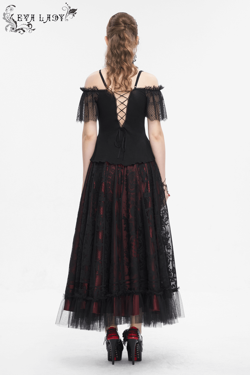 Black and Red Off-the-Shoulder Top with Short Lace Sleeves