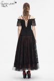 Black and Red Off-the-Shoulder Top with Short Lace Sleeves