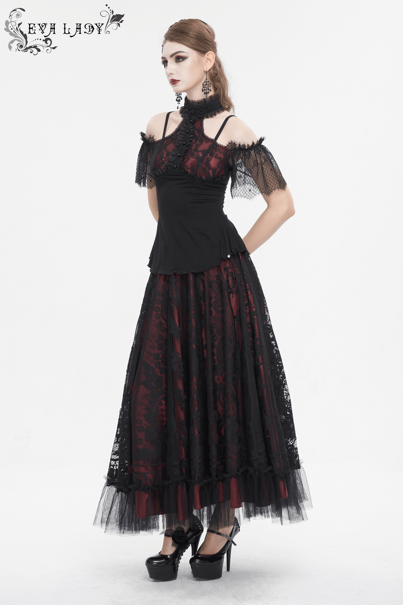 Black and Red Off-the-Shoulder Top with Short Lace Sleeves
