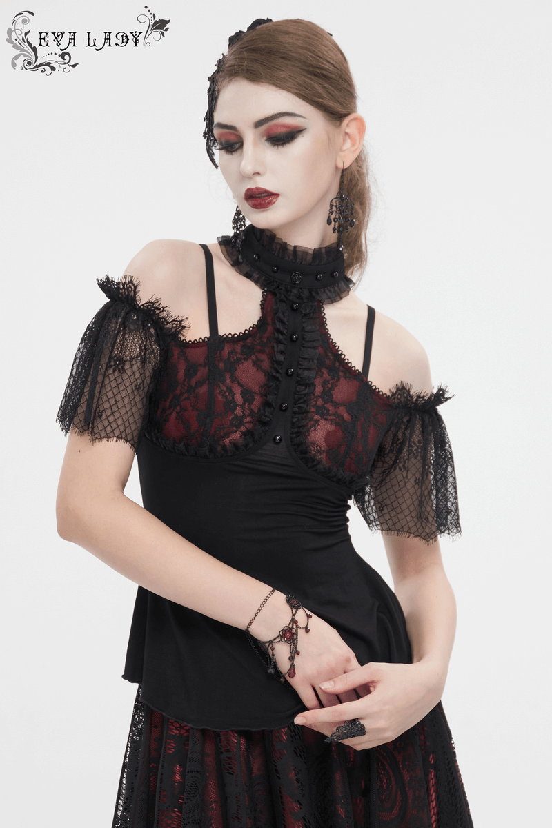 Black and Red Off-the-Shoulder Top with Short Lace Sleeves