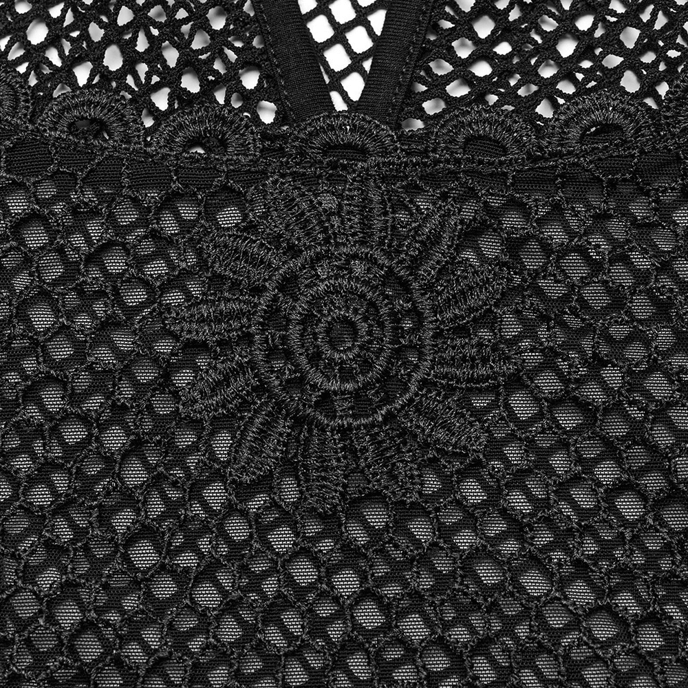 Black Camisole with Lace and Mesh Embroidered Sunflowers
