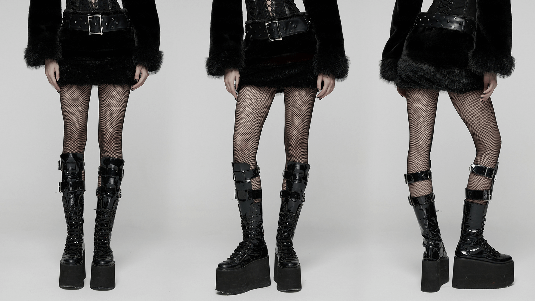 Black Goth Faux Fur Mini Skirt with Edgy Studded Belt