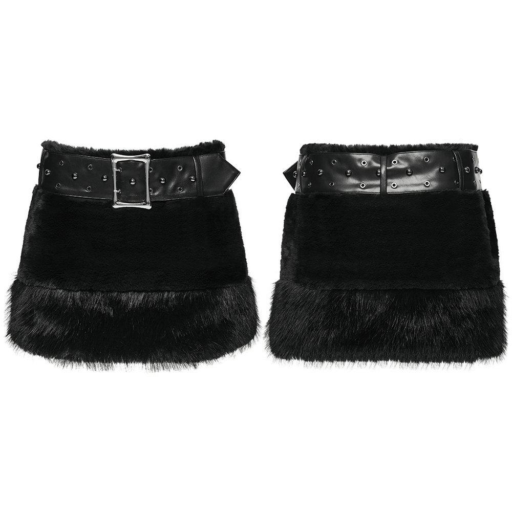 Black Goth Faux Fur Mini Skirt with Edgy Studded Belt