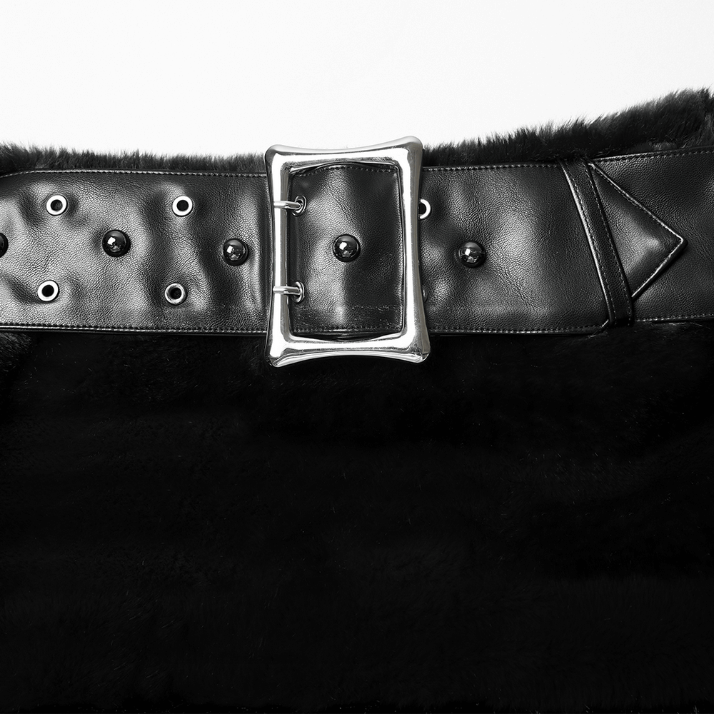 Black Goth Faux Fur Mini Skirt with Edgy Studded Belt