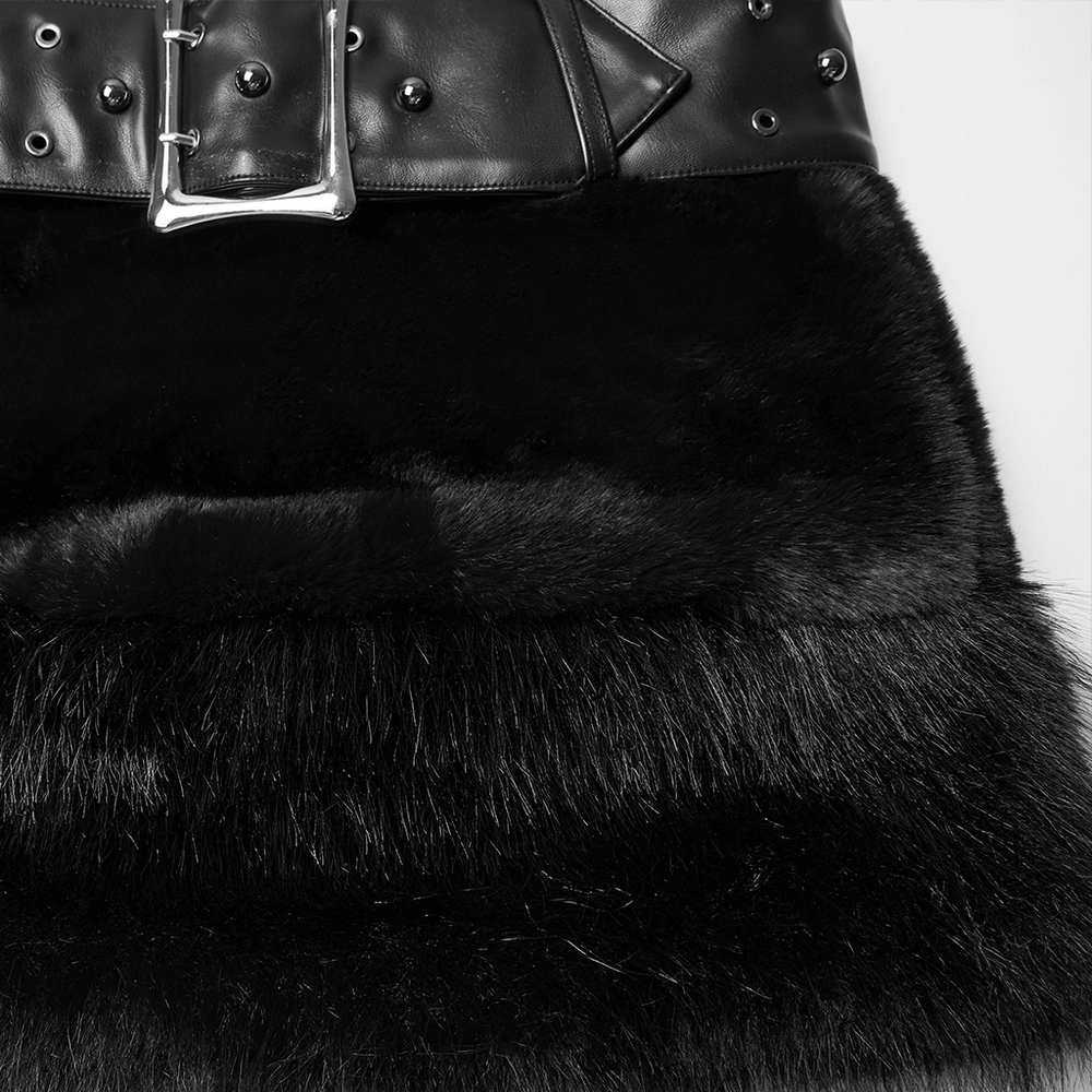 Black Goth Faux Fur Mini Skirt with Edgy Studded Belt