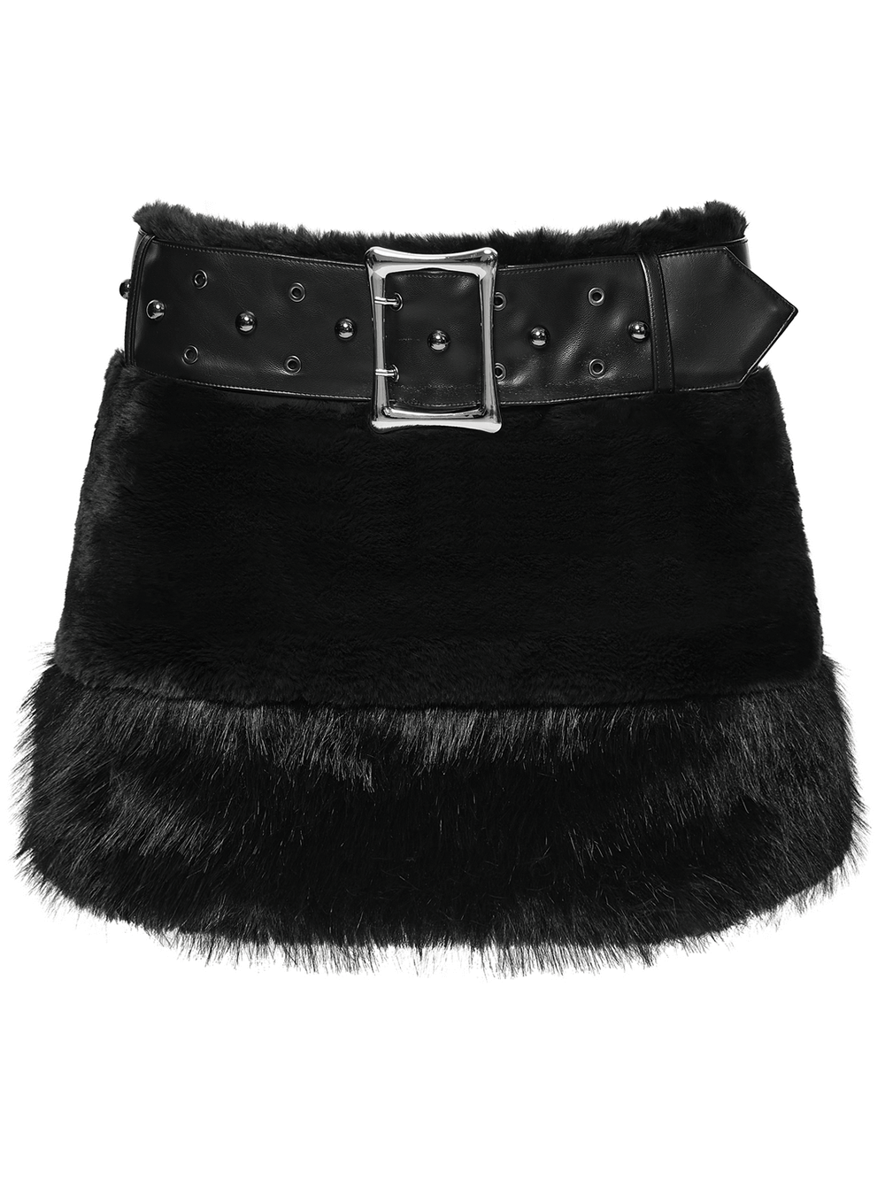Black Goth Faux Fur Mini Skirt with Edgy Studded Belt