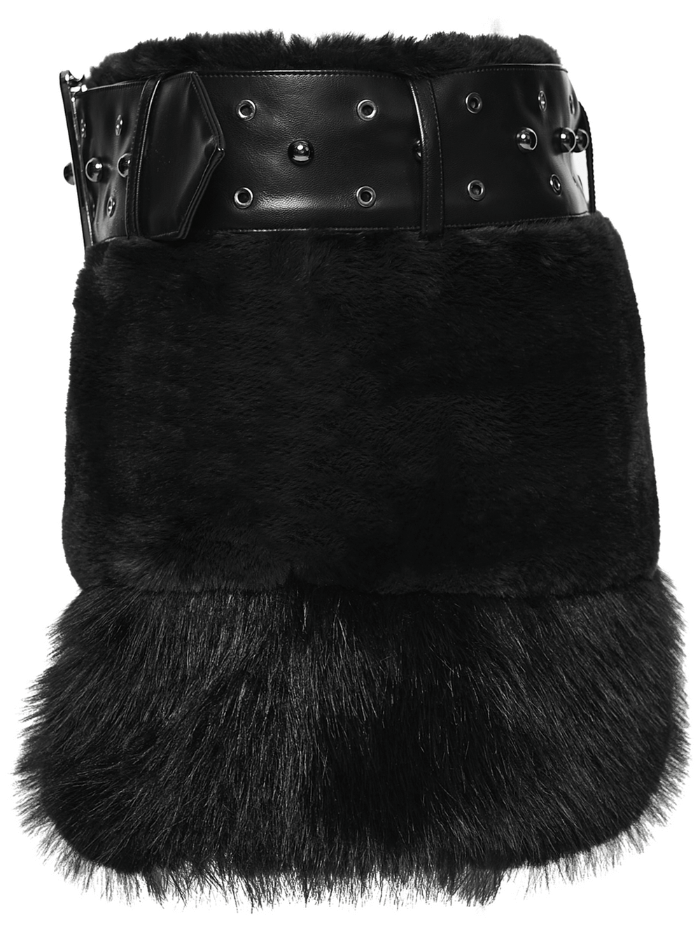 Black Goth Faux Fur Mini Skirt with Edgy Studded Belt