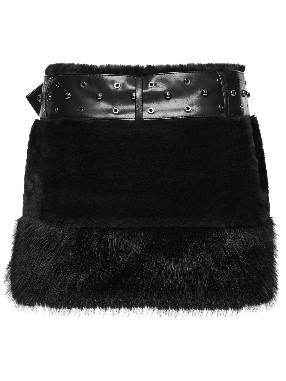 Black Goth Faux Fur Mini Skirt with Edgy Studded Belt