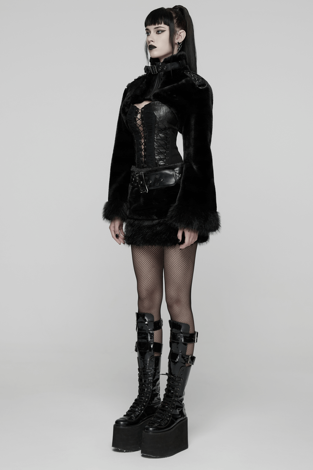 Black Goth Faux Fur Mini Skirt with Edgy Studded Belt