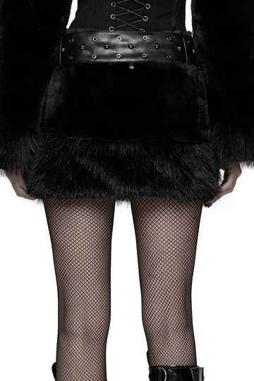 Black Goth Faux Fur Mini Skirt with Edgy Studded Belt