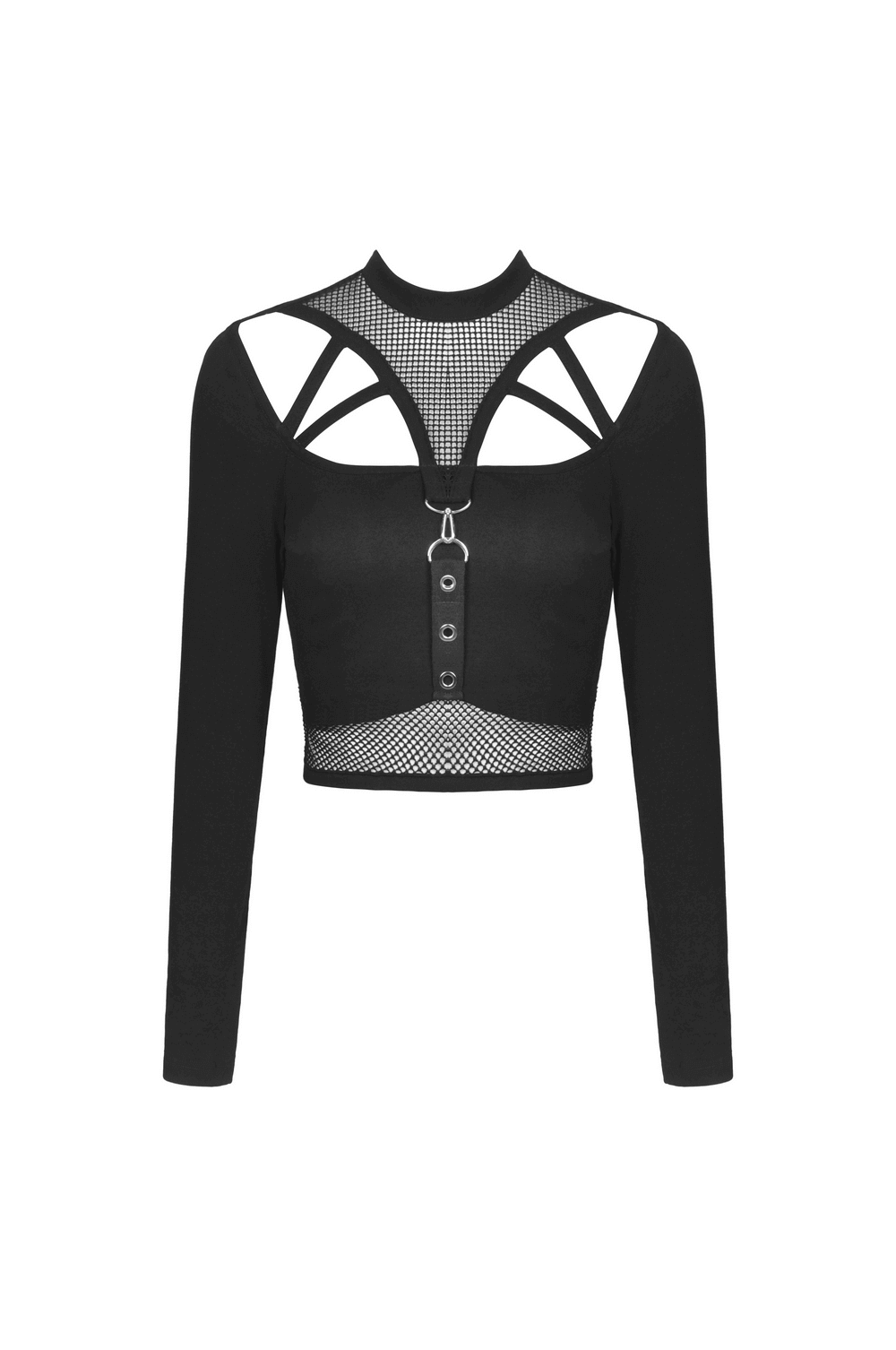 Black Gothic Crop Top with Mesh and Strap Accents
