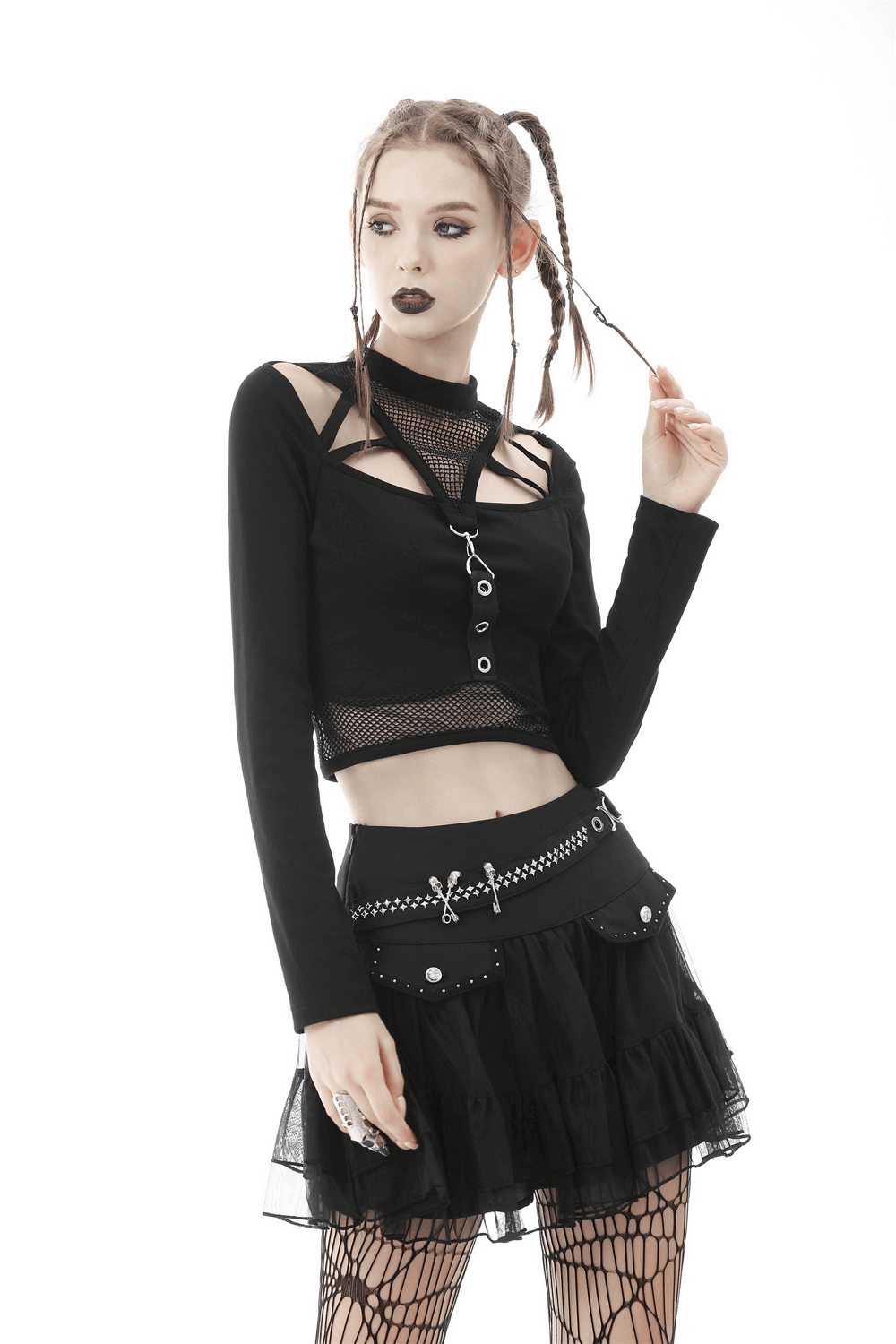 Black Gothic Crop Top with Mesh and Strap Accents