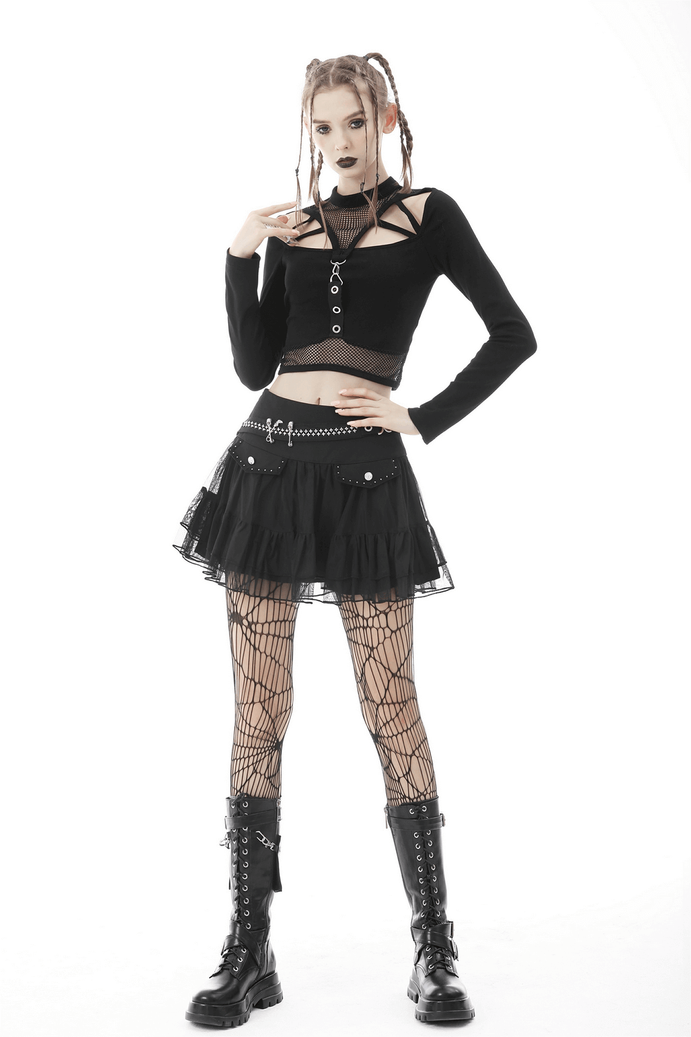 Black Gothic Crop Top with Mesh and Strap Accents