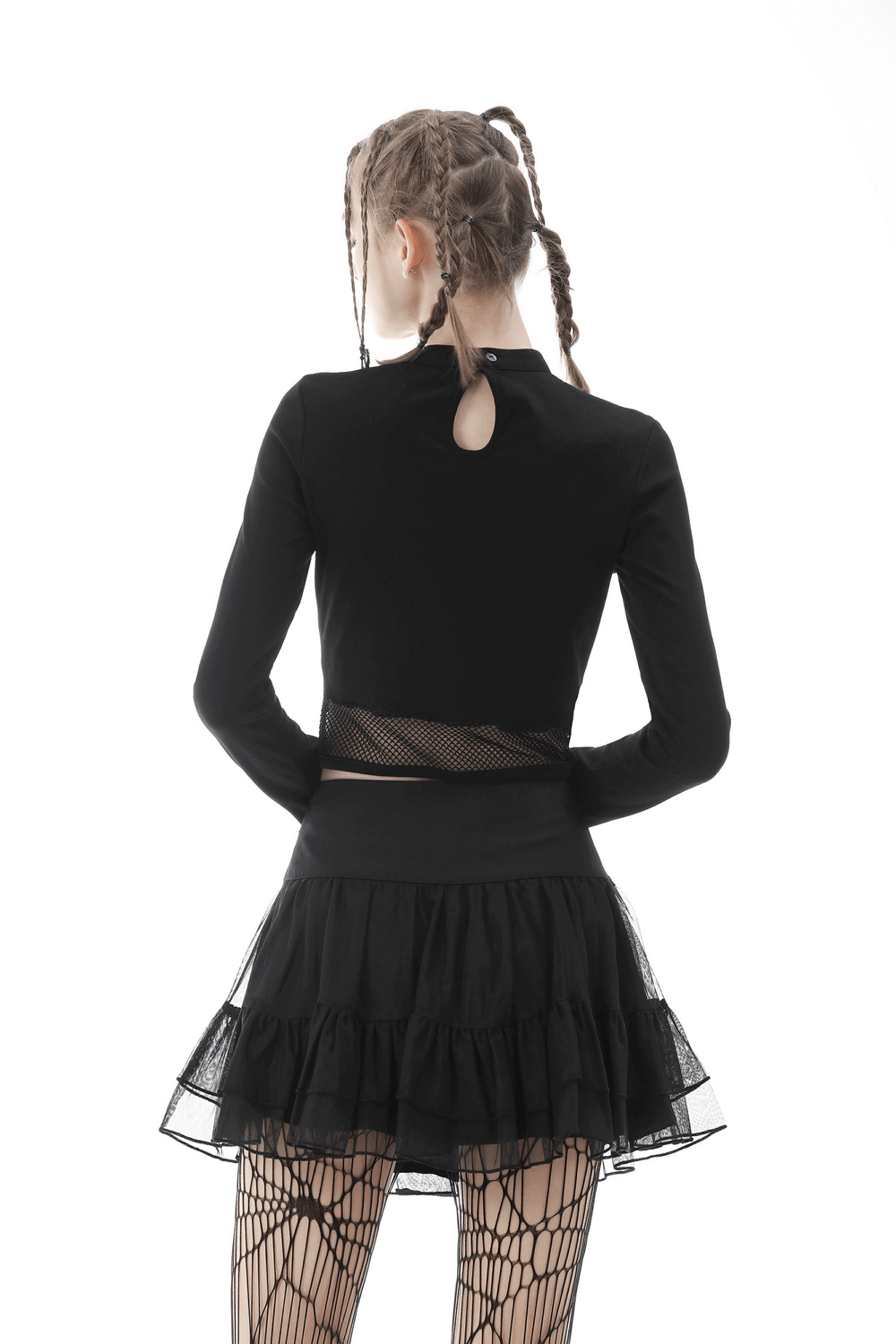 Black Gothic Crop Top with Mesh and Strap Accents