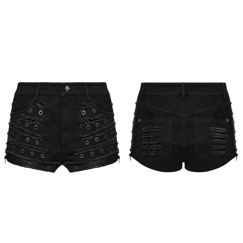 Black Gothic Distressed Denim Shorts with Metal Eyelets