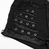 Black Gothic Distressed Denim Shorts with Metal Eyelets