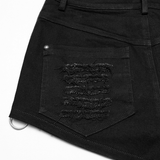 Black Gothic Distressed Denim Shorts with Metal Eyelets