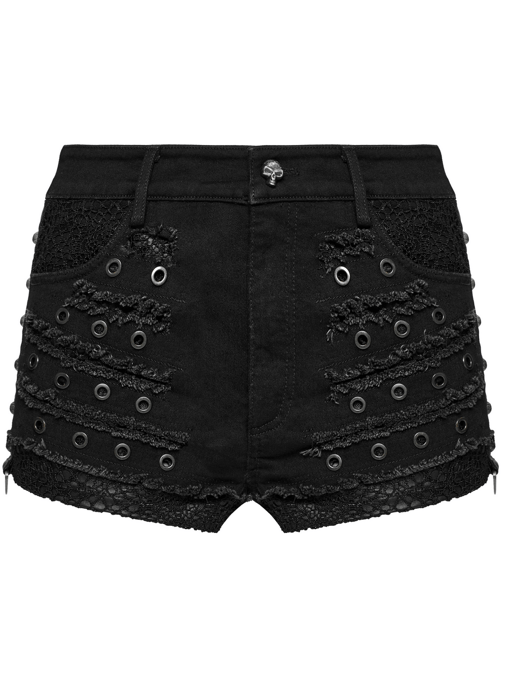 Black Gothic Distressed Denim Shorts with Metal Eyelets