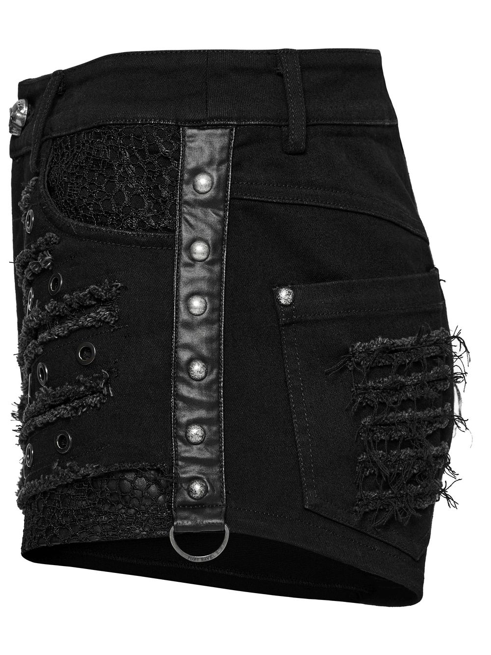 Black Gothic Distressed Denim Shorts with Metal Eyelets