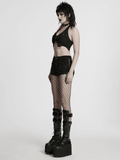 Black Gothic Distressed Denim Shorts with Metal Eyelets
