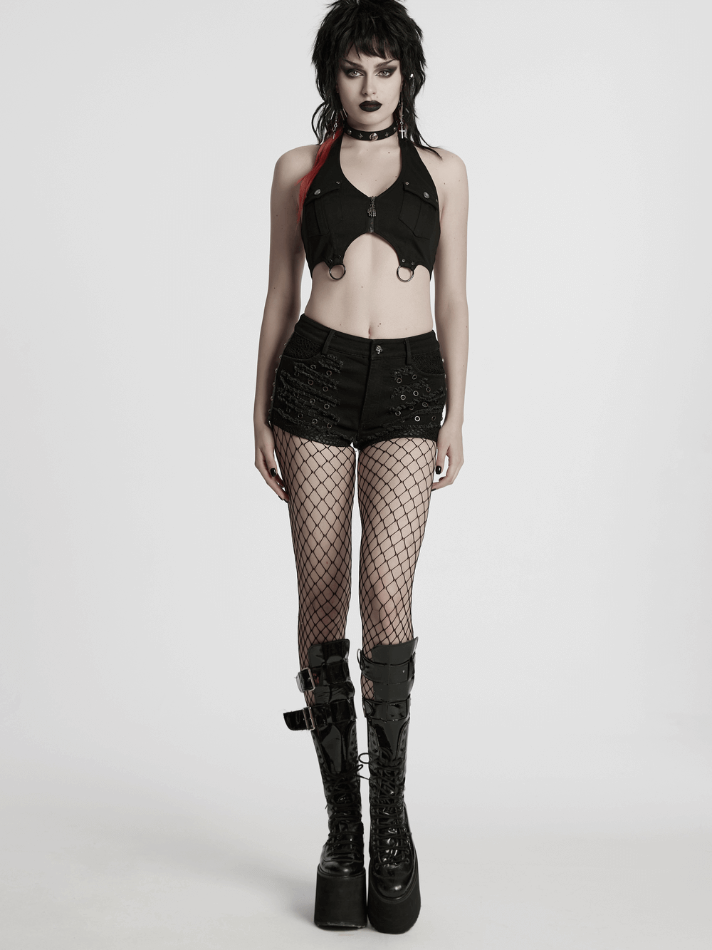 Black Gothic Distressed Denim Shorts with Metal Eyelets