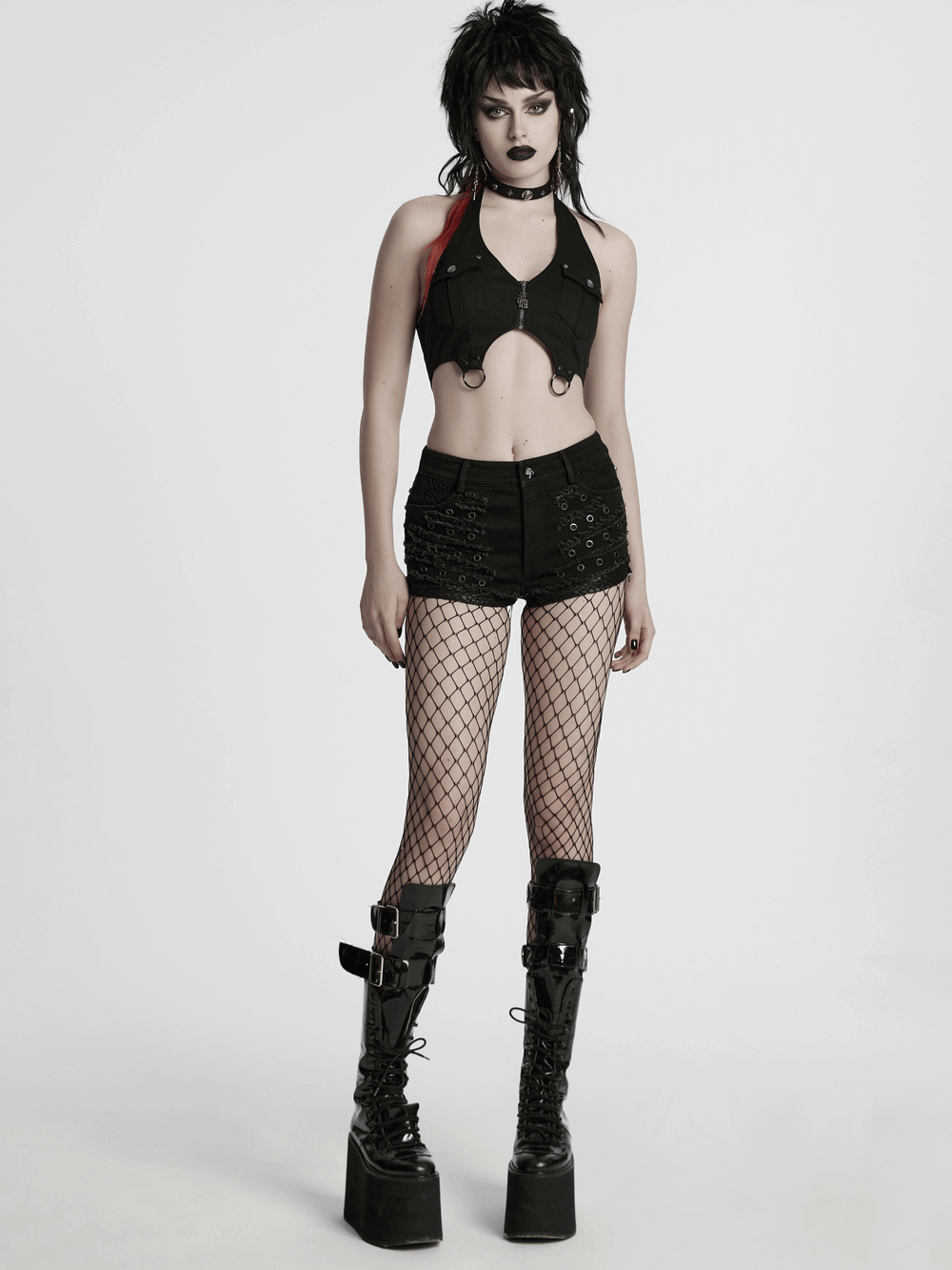 Black Gothic Distressed Denim Shorts with Metal Eyelets