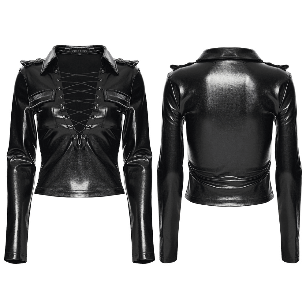 Black Gothic Faux Leather Lace-Up Long Sleeve Top