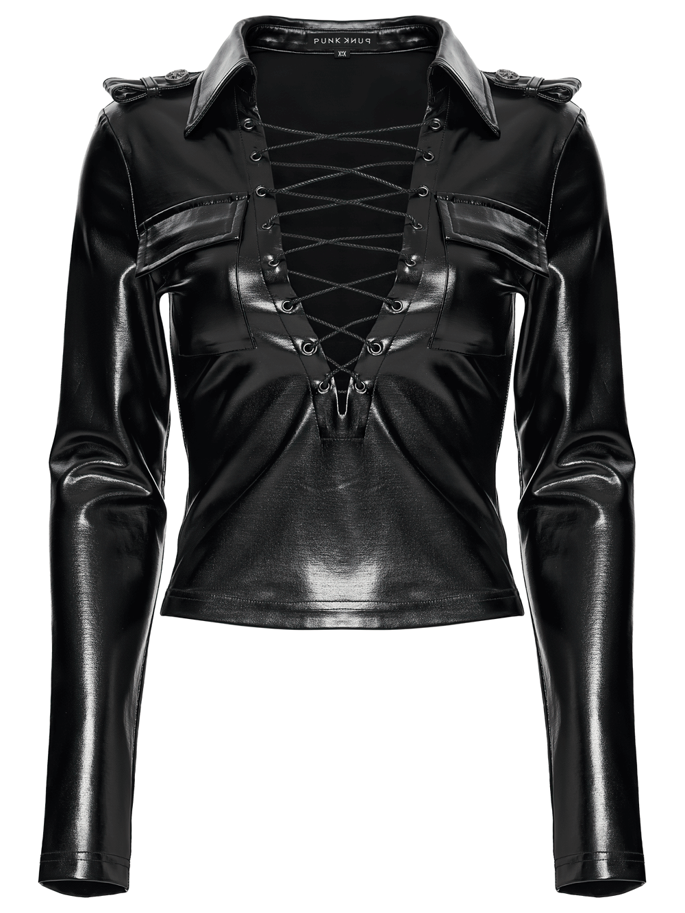 Black Gothic Faux Leather Lace-Up Long Sleeve Top