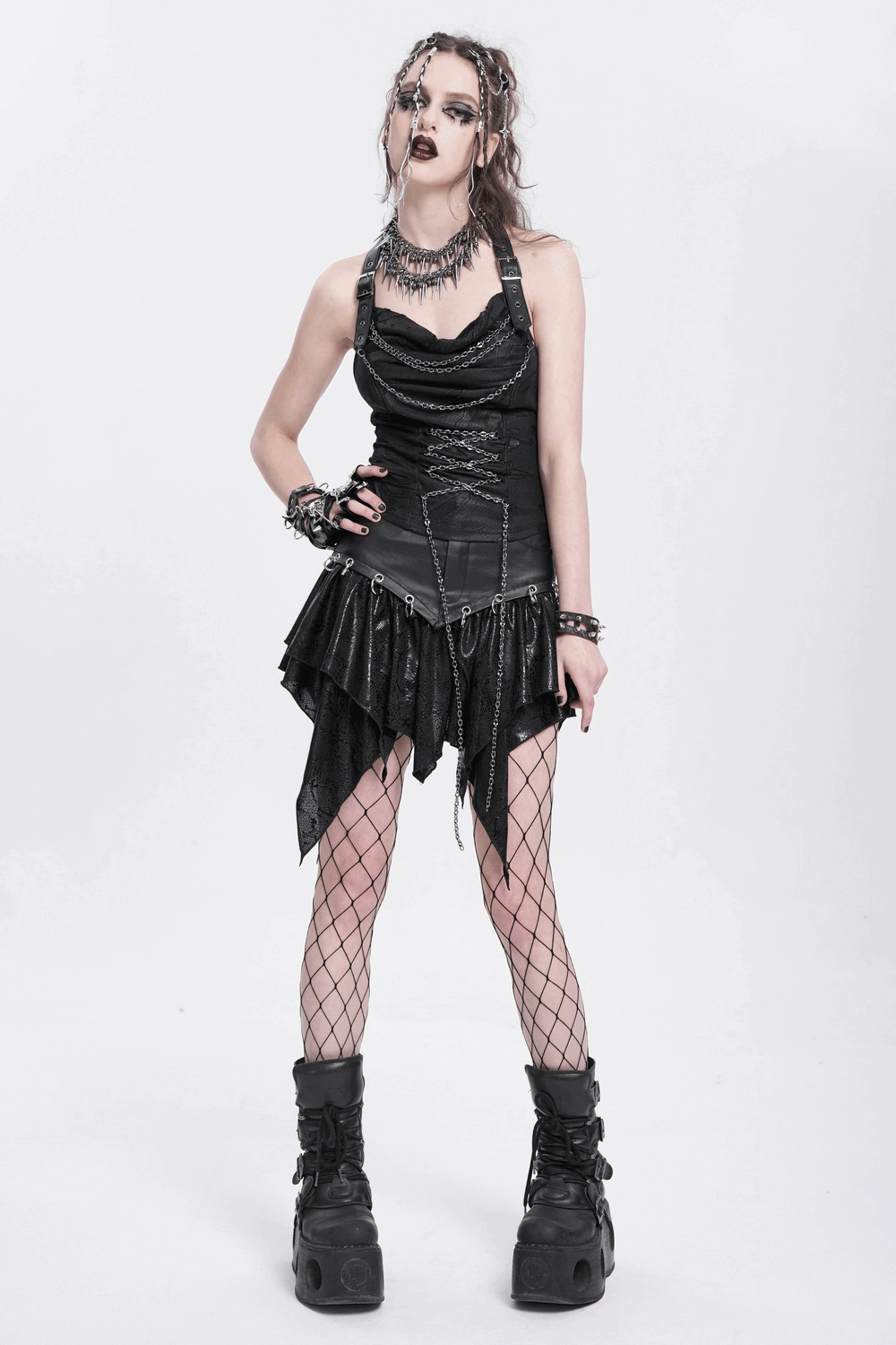 Black Gothic Halter Top with Chains and Adjustable Straps
