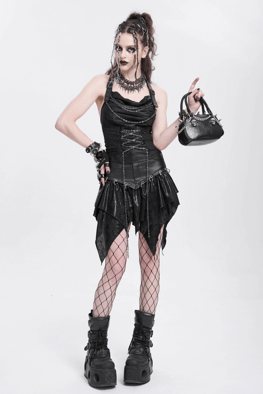 Black Gothic Halter Top with Chains and Adjustable Straps