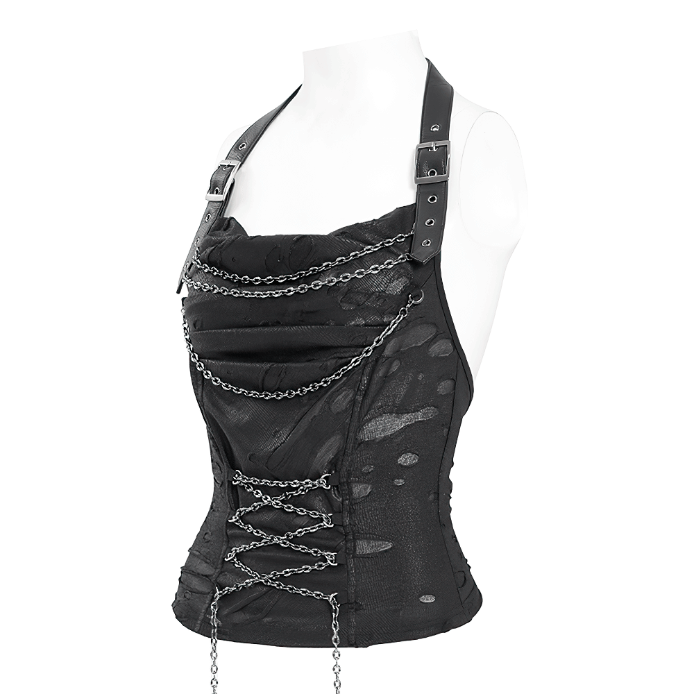 Black Gothic Halter Top with Chains and Adjustable Straps